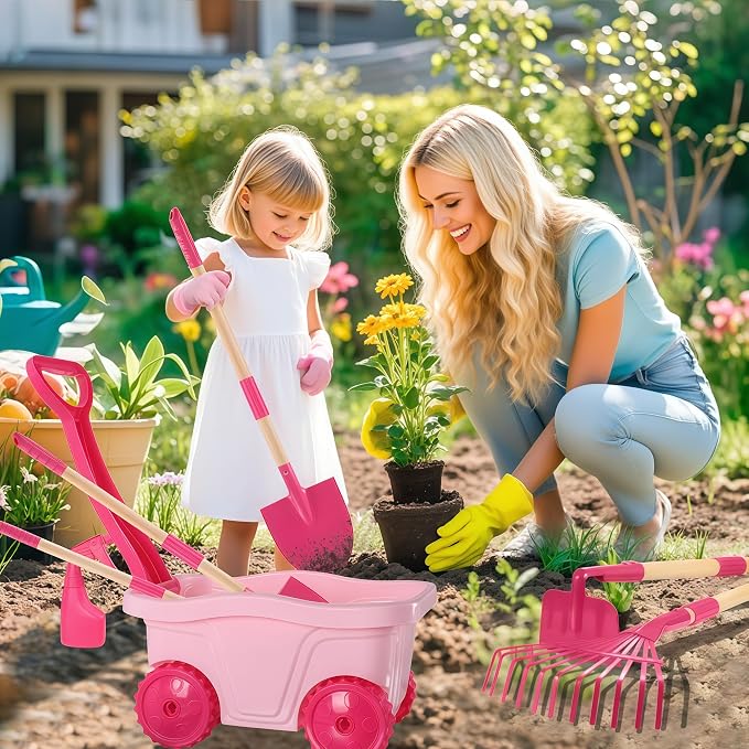 Kids Gardening Tools Set – 7pcs Wheelbarrow Set with Shovel, Rake, Pink | Shovel, Rake, Lawn Digging & Weeding, Summer Outdoor Yard Toy for Age 2 3+, Easter & Birthday Gift for Boys Girls