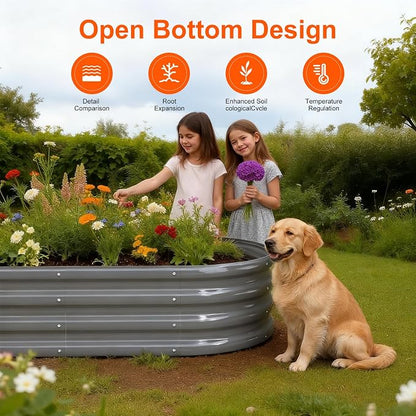 Rakukiri Raised Garden Bed Outdoor, GRS Certified Recycled Metal Planter Box 2 Sets, 4FT Galvanized Oval Herb Garden Kit, Bottomless Large Garden Beds for Vegetables Flowers, Rust-Resistant Gray