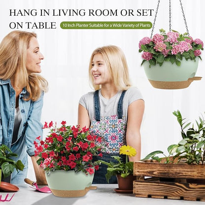 10 Inch Hanging Baskets 2 PC with Chains, Self-Watering Hanging Planters for Indoor Outdoor Plants, Plastic Hanging Flower Pots,Green Brown