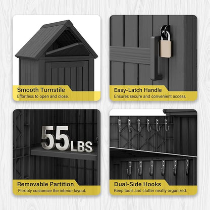Bifanuo Deck Box Storage Shed Outdoor Storage Cabinet, Vertical Waterproof Resin Material Plastic Shed with Removable Shelves, 12 Hooks and Lock Ring for Garden, Pool and Patio (Classic Black)