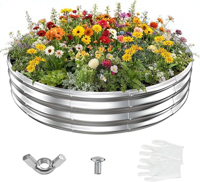 12 Inch Tall 72 Inch Diameter Round Silver Raised Garden Bed Kits Outdoor | 1 FT Tall,6 FT Planter Bed for Flowers,Herbs,Vegetables,Trees,0.8MM Thick Galvanized Metal Painted,with Gloves,Tool free