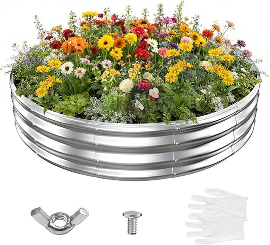 12 Inch Tall 72 Inch Diameter Round Silver Raised Garden Bed Kits Outdoor | 1 FT Tall,6 FT Planter Bed for Flowers,Herbs,Vegetables,Trees,0.8MM Thick Galvanized Metal Painted,with Gloves,Tool free