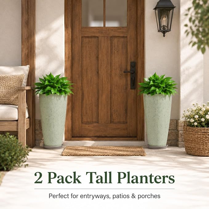 Neoaider Set of 2 Tall Planter, 21 inch Large Plastic Planter, Drip Glaze | Ceramic-Look, Lightweight, Built-in Drain Hole, Saucers, Tall Outdoor Planter for Porch, Garden, Patio, Balcony