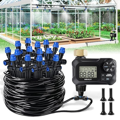 HIRALIY 59FT Drip Irrigation Kit with Water Timer, Quick-Connect Garden Watering System with 15 Adjustable Misting Nozzles, 1/4 in Tubing for Greenhouse, Hanging Plants & Raised Beds