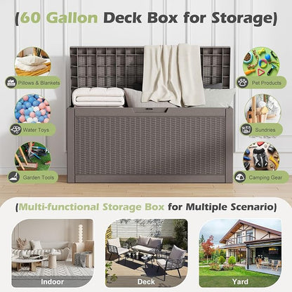 Outdoor Storage Box, 60 Gallon Resin Deck Boxes Outdoor Waterproof For Patio Furniture, Garden Tools, Pool Supplies, Lockable And UV Resistant (Rattan Gray)