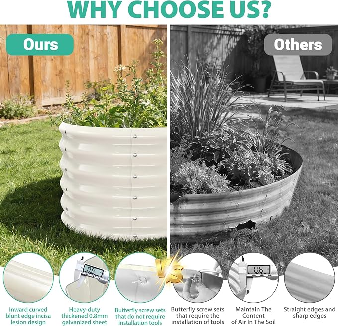YSEJOMP 17" Tall 24" Diameter Round Raised Garden Bed Kits Outdoor White | 1.5 FT Tall,2FT Planter Bed for Flowers,Herbs,Vegetables,Trees,0.8MM Thick Galvanized Metal Painted,with Gloves,Tool free