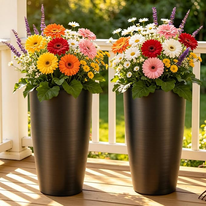 Autodaya 22.8" Tall Black Brushed Resin Planters Set of 2 | High-Density Resin Pots with Drainage Hole For Patio, Garden, Porch, Living Room, Indoor or Outdoor Use, and Gifting