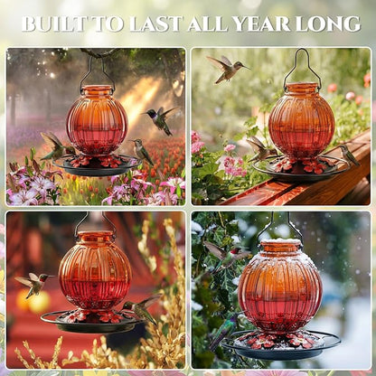 Glass Hummingbird Feeder for Outdoors Hanging, 26Oz Bird Nectar Feeder with Perch & 5 Flower Feeding Ports, Leak Proof for Outside Garden Decor Backyard, Gifts for Women Mom, Orange & Red