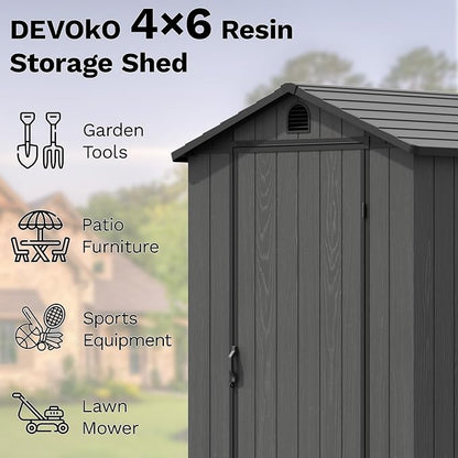 Devoko 4×6 FT Resin Storage Sheds with Floor, Plastic Outdoor Garden Shed with Windows and Lockable Doors, Waterproof Outside Tool Sheds for Patio Backyard Lawn, Dark Gray