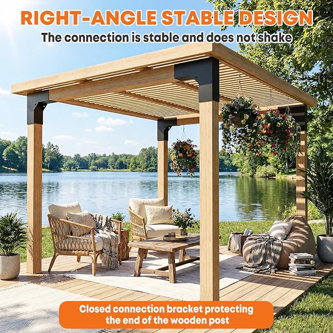 4 Pcs Pergola DIY Bracket Kits, 2-Way L Shaped Corner Brackets for 4" x 4"(Actual:3.5" x 3.5") Indoor and Outdoor Wood Post Structures, DIY 90° Right Corner Brackets, for Gazebos, Patios, Porchs