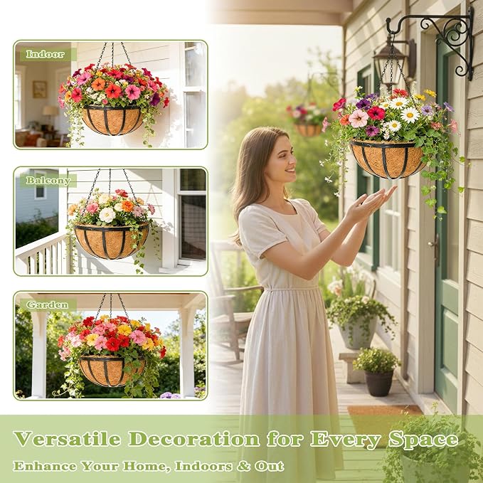 16 Inch Black Flat Iron Metal Hanging Planter Basket with Coco Coir Liner(4 Pack) Hanging Planters for Outdoor Plants Hanging Baskets for Plants Flower Pots for Deck Patio Porch Garden Balcony