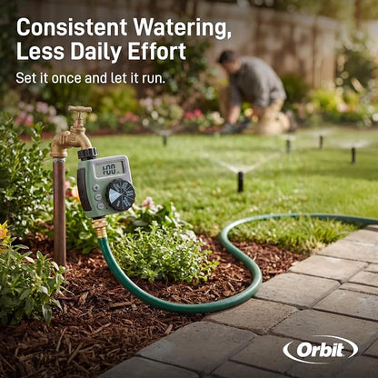 Orbit One Outlet Single-Dial Hose Faucet Timer - Easy Programmable - For Garden Watering System - LCD Hose Timer with Adjustable Watering Schedule - 62056
