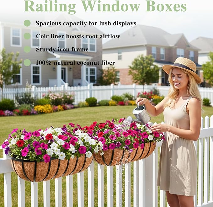 English Inviting Horse Trough Balcony Planter With Coconut LinerMetal Wall-Mounted Planter Box Deck Window Box 16 Inch (2 Pack)