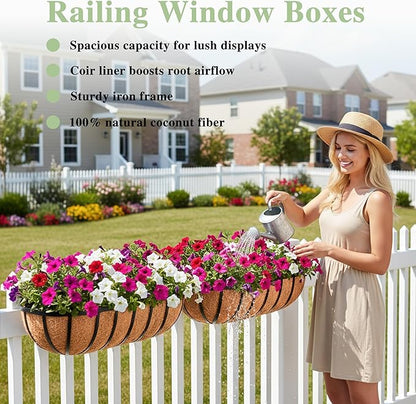 EIMQUVW 30 Inch Railing Planter Window Box Deck Balcony Rail Planter with Coco Liner Metal Wall-Mounted Coconut Liner Basket English Horse Trough for Outdoor Balcony Porch Fence Patio (2 Pack)