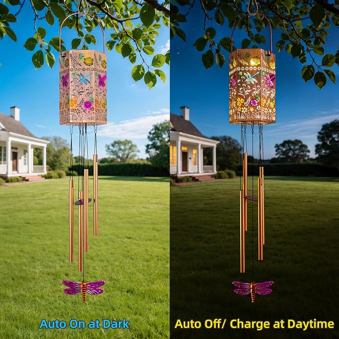 Dragonfly Solar Wind Chimes for Outside, Solar Lantern Outdoor Waterproof Lights for Home Garden Yard Decor, Birthday Gifts for Mom Grandma Women