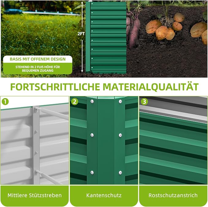 DWVO Raised Beds for Garden,870L Raised Bed Metal,0.35mm Galvanised Steel galvanised Planter with Safety Edging&4pcs Support Rod for Garden Vegetables Fruit(Green 180X90X54CM)