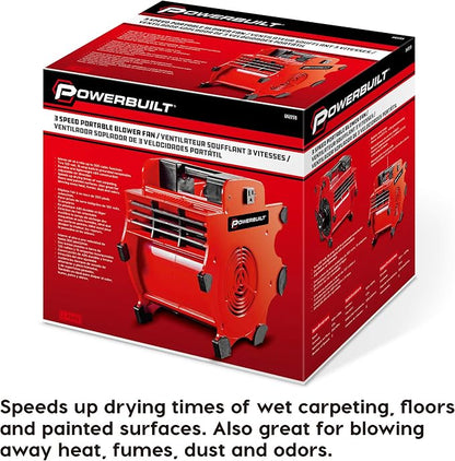 Powerbuilt 3 Speed Portable Blower Dry Fan, Adjustable 3-Speed, Shop Dryer, Wet Carpet, Paint, Built-in Outlets - Red 642259