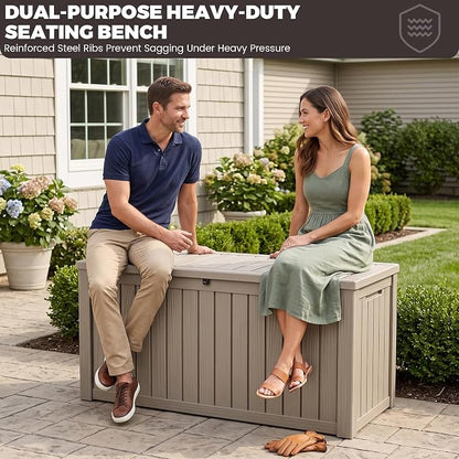 Outdoor Storage Box, 180 Gallon Waterproof Deck Box [Upgraded 3.1], Large Resin Storage with Hydraulic Gas Lifts for Cushions, Lawn Mower Tools Chest Bench, Large Backyard, Grey
