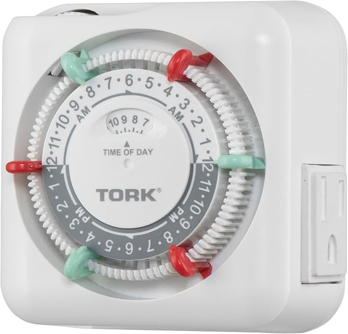 NSi Industries TORK RTN312 Indoor 15-Amp Plug-in Heavy Duty Mechanical Appliance Timer 24-Hour Programming – GREEN & RED Trippers TWO Receptacles White