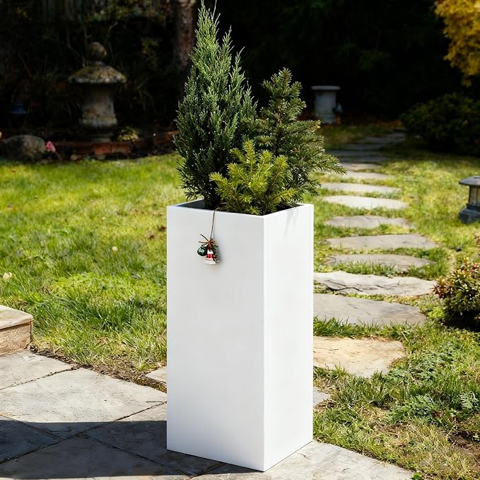 Metal Heavy Planter for Outdoor Plants Box 14"x14"x30" Metal Planter Spliced Planter Box with Removable Insert Sherf for Outside,Indoor,Garden (White, 14 * 14 * 30)