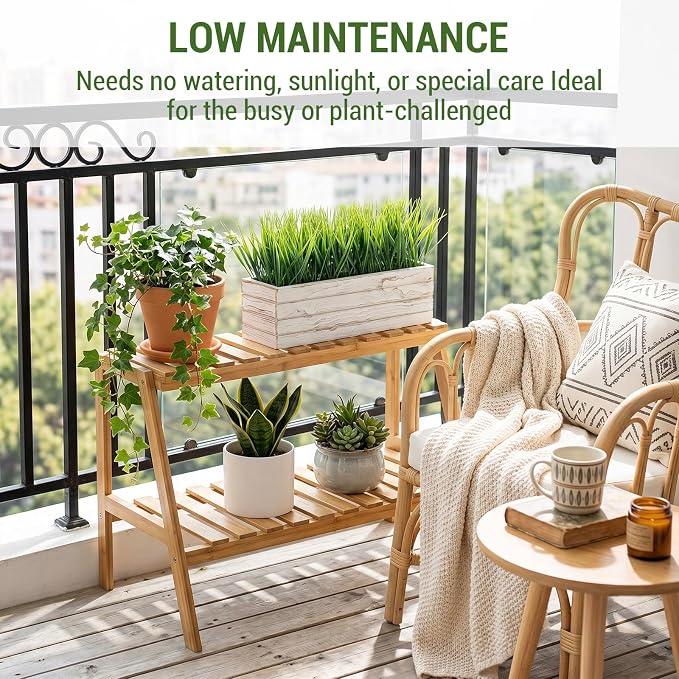 MyGift 14 Inch Artificial Green Grass Plant in Shabby White Washed Wood Planter Window Box - Faux Greenery in Rectangular Crate Style Wooden Container