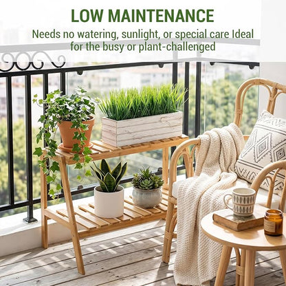 MyGift 14 Inch Artificial Green Grass Plant in Shabby White Washed Wood Planter Window Box - Faux Greenery in Rectangular Crate Style Wooden Container