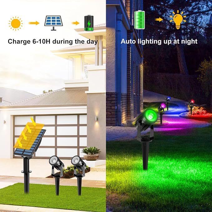 T-SUNUS RGB Solar Spot Lights Christmas, Metal Color Changing Landscape Spotlights IP65 Waterproof Spotlight 2-IN-1 Separated Panel for Outdoor Uplighting Garden Pathway Trees Flag Pond Yard Halloween