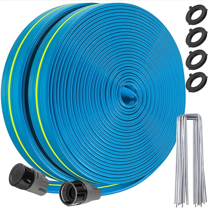 Winisok Upgrade Flat Sprinkler Soaker Hose for Garden, Heavy Duty 3-Tube Lawn Irrigation Hose with Landscape Stakes, No-Kink Flexible Watering Hose for Yard, Plants (75FT)