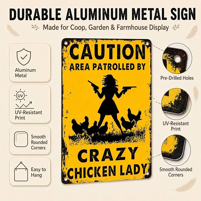 PEACHGARDEN Chicken Coop Signs for Outside, Crazy Chicken Lady Aluminum Metal Sign, Funny Hen House Warning Plaque, Backyard Garden Farmhouse Wall Art Decor, 8x12 Poultry Lover Gift