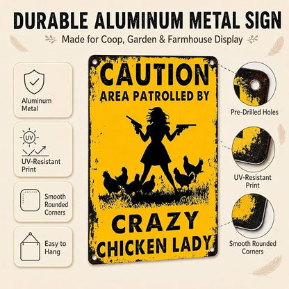 PEACHGARDEN Chicken Coop Signs for Outside, Crazy Chicken Lady Aluminum Metal Sign, Funny Hen House Warning Plaque, Backyard Garden Farmhouse Wall Art Decor, 8x12 Poultry Lover Gift