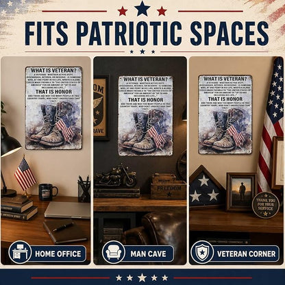 PEACHGARDEN Military Decor What Is a Veteran Patriotic Metal Sign, Military Wall Decor Veteran Metal Sign for Home Office Man Cave, Army Memorabilia 12 x 8 Inch