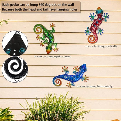 TERKEPT Metal Gecko Wall Decor Lizard Outdoor Wall Art Hanging Sculpture Home Decor Outdoor Spring Decor for Front Yard Fence Patio Garden