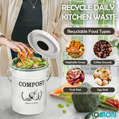 AOSION 1 Gallon Countertop Compost Bin for Kitchen with Lid,Odor Resistant | Farmhouse compost bin with charcoal filter,inner bucket and bags,easy kitchen food waste storage