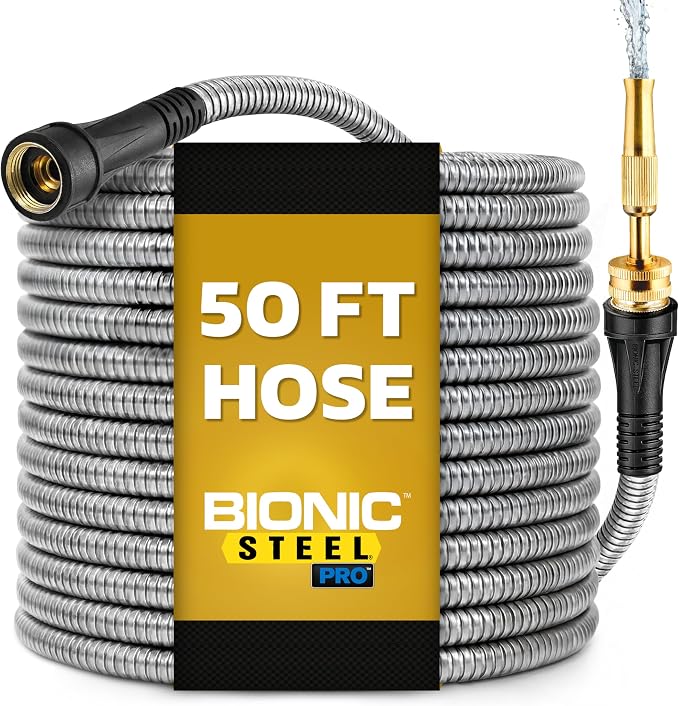Bionic Steel PRO 50 Ft Metal Garden Hose with Brass Nozzle | Water Hose Made from Heavy Duty 304 Stainless Steel, Flexible, Lightweight, Brass Fittings, Non Kinking, 500 PSI
