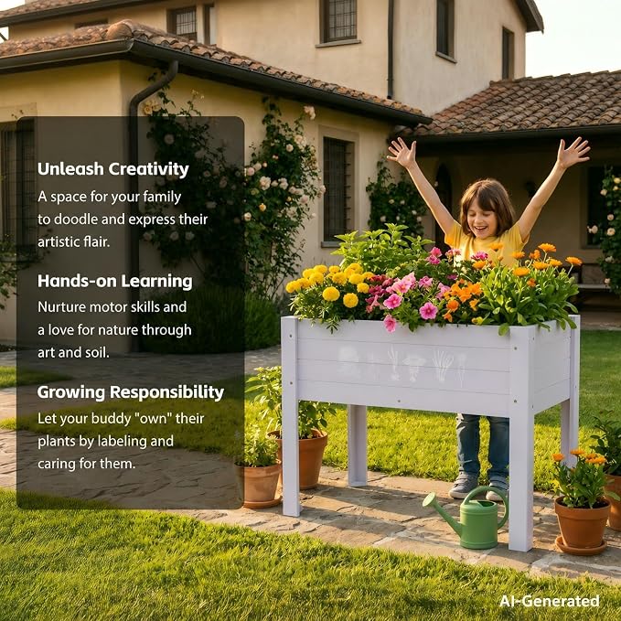 Raised Garden Bed with DIY Chalkboard, 30 x 24 x 18 Inch Wooden Elevated Raised Garden Bed, Outdoor Planter Box with Legs for Vegetables Grass Lawn Yard, Light Gray