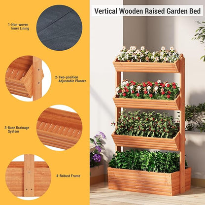 Vertical Wooden Raised Garden Bed Planters Wood Planter Kit Plant Stand Flower Rack Planter Box Gardening for Plants Herbs Flowers Vegetables Outdoor Indoor Freestanding (Orange 4-Tier)