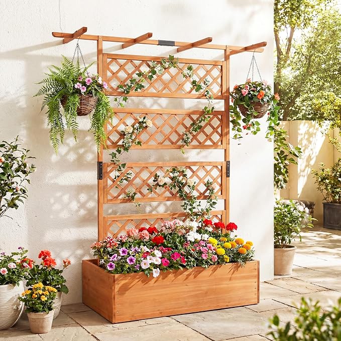 Giantex Raised Garden Bed with Trellis, 72'' Wooden Planter Box Outdoor w/Privacy Screen Roof, Large Vertical Garden Planter w/Drainage Holes for Climbing Plants, Patio Balcony Backyard