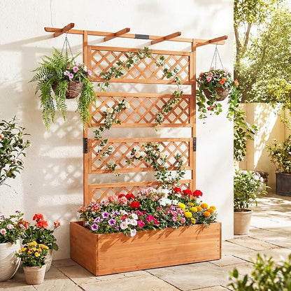 Giantex Raised Garden Bed with Trellis, 72'' Wooden Planter Box Outdoor w/Privacy Screen Roof, Large Vertical Garden Planter w/Drainage Holes for Climbing Plants, Patio Balcony Backyard