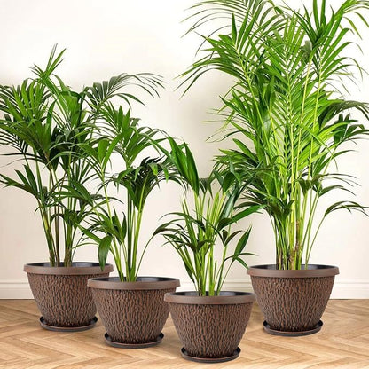 Nooulap 4 Pack Flower Pots Outdoor, 10 Inch Plant Pot with Drainage Hole & Tray, Thickened Plastic Planters for Indoor Outdoor Plants, Lightweight Brown Decorative Garden Pot with Saucer