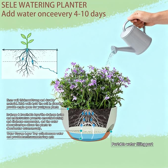 Set of 4-8 Inch Self Watering Hanging Planters for Indoor Outdoor，Hanging Plant Pots with Drainage & Removable Tray, Hanging Pots Holder for Ivy, Pothos, Ferns, Balcony & Patio, Green Brown