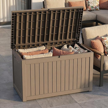 230 Gallon Deck Box, Waterproof Resin Outdoor Storage Box Lockable for Patio Furniture, Fade Resistant Patio Side Table & Organizer for Garden Tools, Pool Float, Outdoor Cushions, Light Coffee
