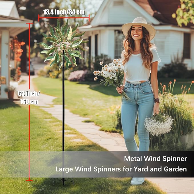 Large Outdoor Metal Wind Spinner,Two-Way Wind Sculptures,360 Degrees Kinetic Wind Spinners Yard Art Decor for Patio, Lawn & Garden 63 * 13.4 Inches