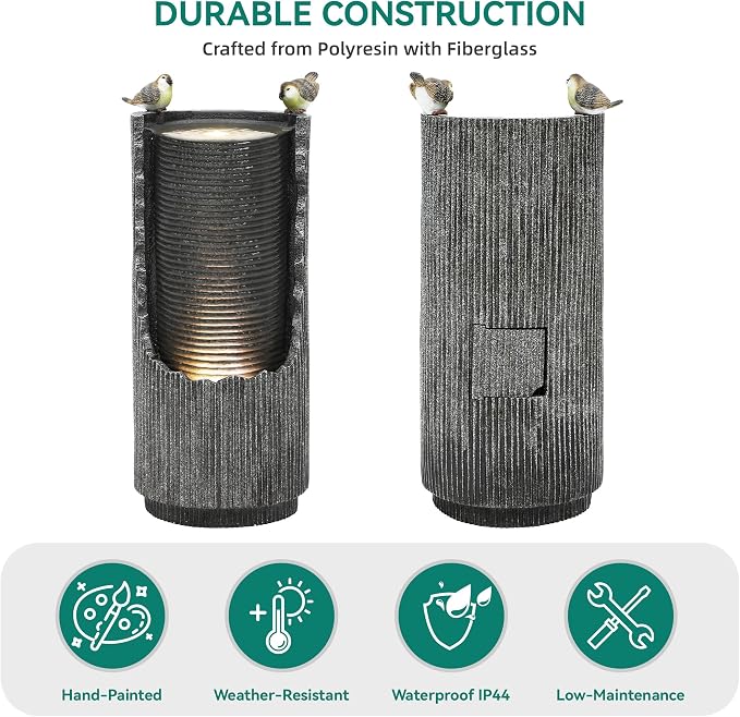 Autodaya Outdoor Water Fountain 32" Distressed Fluted Column with Lights | polyresin concrete-inspired water feature with bird sculpture, gentle cascading flow for garden, patio, deck or yard oasis