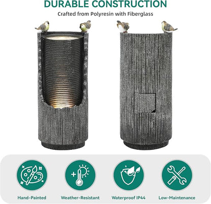 Autodaya Outdoor Water Fountain 32" Distressed Fluted Column with Lights | polyresin concrete-inspired water feature with bird sculpture, gentle cascading flow for garden, patio, deck or yard oasis