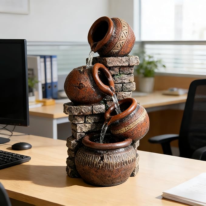Indoor Desktop Fountain with Led Light - Layered Rock Waterfall Fountain, 13.77 x 5.9 x 5.9 inches, Silent Tabletop Water Feature Decor for Relaxation