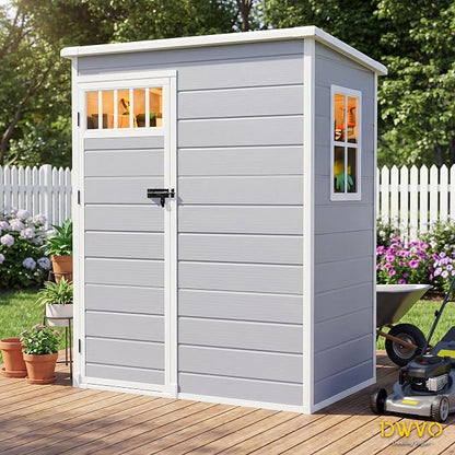 DWVO 5x3FT Outdoor Storage Shed with Fence-Style and Side Windows, Floor & Lockable Doors, Resin Storage Shed for Backyard and Garden, Gray