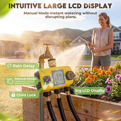 3 Zone Sprinkler Timer for Garden Hose,Garden Hose Timer with Brass Inlet,Programmable Automatic&Manual Irrigation System with LCD Display for Yard/Lawn/Pool,Rain Delay,IPX5 Waterproof