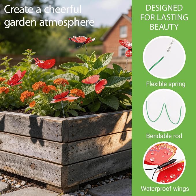 30PCS Red Butterfly Decor Artificial Butterflies for Outdoor Garden Decor | 3D Waterproof Double Layer Butterfly Decorative Garden Stakes for Flower Arrangements Outdoor Indoor Spring Decor