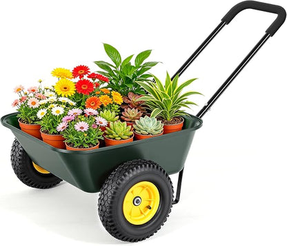 2 Wheel Wheelbarrows, Dual-Wheel Garden Dump Cart with 10" Non-Slip Pneumatic Tires & Ergonomic Padded Handle, Heavy-Duty Utility Yard Cart Wagon with 3 Cu Ft Capacity for Lawn, Gardening,Farm