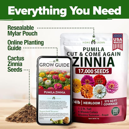 HOME GROWN Zinnia Seeds Mix – 17,000 Pumila Compact Zinnia Flower Seeds for Planting Outdoors | Bulk Colorful Annual Cut Flowers for Summer Gardens & Containers (Zinnia elegans)